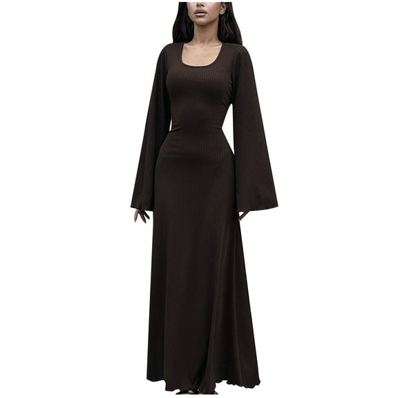 qolati Women's Fall Maxi Dresses Casual Spoon Neck Long Sleeve Ribbed Cocktail Long Dress Soft Bodycon Party Club Lounge Dress