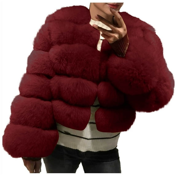 qolati Women's Faux Furs Cropped Jacket Solid Open Front Long Sleeve Outerwear Winter Thicken Warm Fuzzy Short Bubble Coats