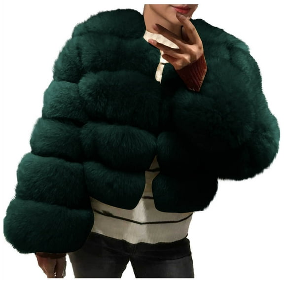 qolati Women's Faux Furs Cropped Jacket Solid Open Front Long Sleeve Outerwear Winter Thicken Warm Fuzzy Short Bubble Coats