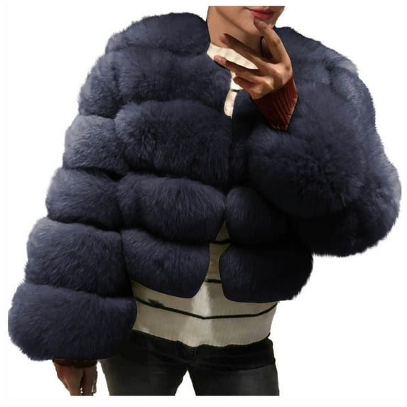 qolati Women's Faux Furs Cropped Jacket Solid Open Front Long Sleeve Outerwear Winter Thicken Warm Fuzzy Short Bubble Coats