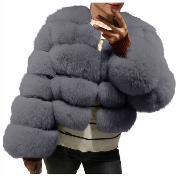 qolati Women's Faux Furs Cropped Jacket Solid Open Front Long Sleeve Outerwear Winter Thicken Warm Fuzzy Short Bubble Coats