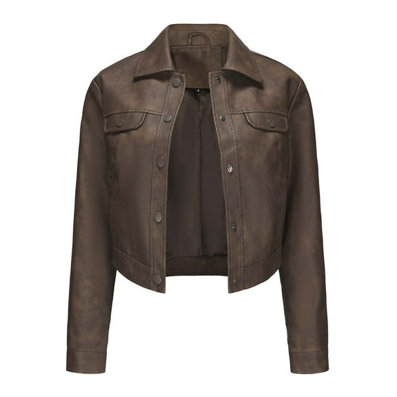 qolati Women's Faux Leather Crop Jacket 2024 Fall Fashion Button Down Long Sleeve Casual Moto Biker Jacket Outerwear Lapel Collar Short Coat Streetwear