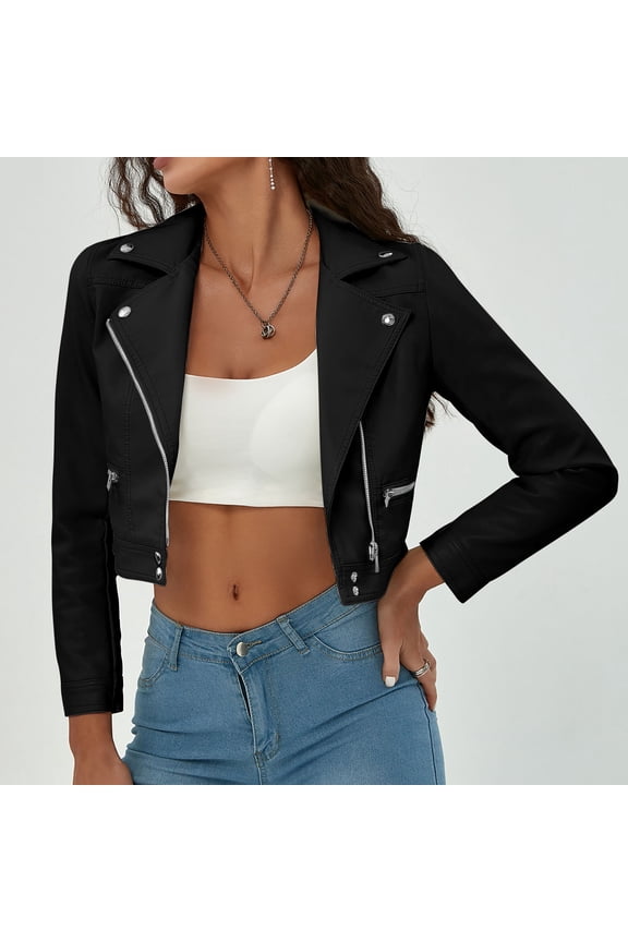 Women's Faux Leather Jacket 2023 Fall Biker Moto Open Front Cropped Jackets Fashion Long Sleeve Zipper Short Casual Coat With Pockets