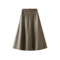 thumbnail image 1 of qolati Women's Faux Leather Skirt Elegant High Waist Pleated Flare Midi Skirt Trendy Work Night Out Party A Line Skirt, 1 of 5