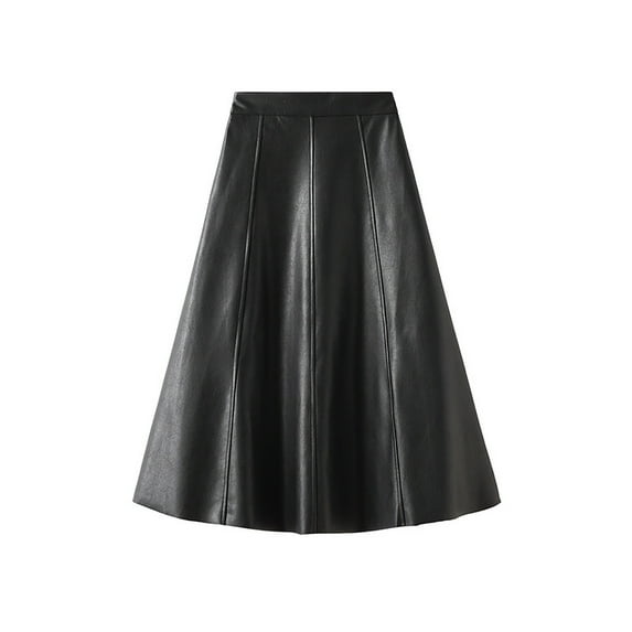 qolati Women's Faux Leather Skirt Elegant High Waist Pleated Flare Midi Skirt Trendy Work Night Out Party A Line Skirt