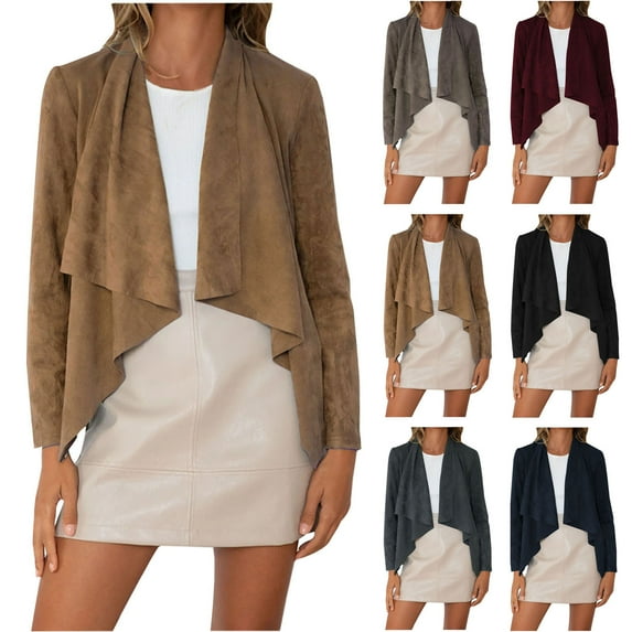 qolati Women's Faux Suede Jacket Vintage Long Sleeve Open Front Cardigans Fall Clothes Lightweight Casual Loose Ruched Outerwear Coat