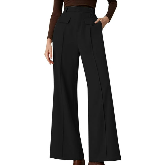 qolati Women's Flare Dress Pants 2024 High Waist Wide Leg Pants Business Casual Pleated Front Work Pants Trousers with Pockets Black XXL 12