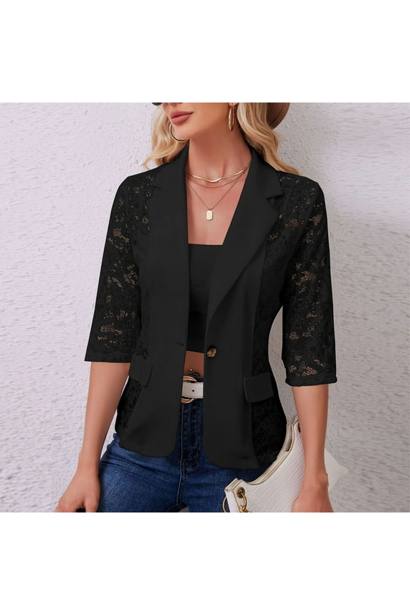 Women's Floral Lace Sheer Cardigans Dressy 3/4 Sleeve Jackets Blazer Casual Lightweight Open Front Beach Coverups Shirts