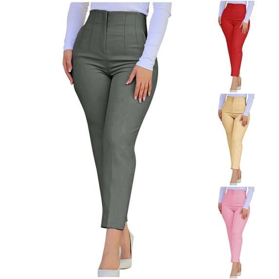 qolati Women's Front Pleated Work Pants Trendy High Waist Straight Leg Trousers Slim Fit Solid Color Lounge Pants with Pockets