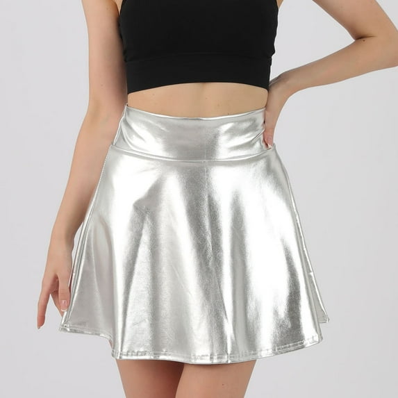 qolati Women's Glitter Pleated Mini Skirts Y2k High Waisted Flowy A-Line Short Skirt Vintage Dance Party Skating Skirt