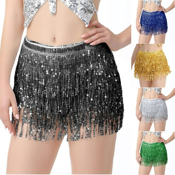 qolati Women's Glitter Sequin Mini Skirt Trendy Tassel Wrap Dance Short Skirt Hip Scarf Party Prom Skirts
