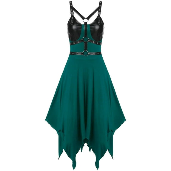 qolati Women's Gothic Dresses Irregular Hem Sleeveless Punk Midi Dress Summer Faux Leather Straps High Waist A-Line Prom Party Dress