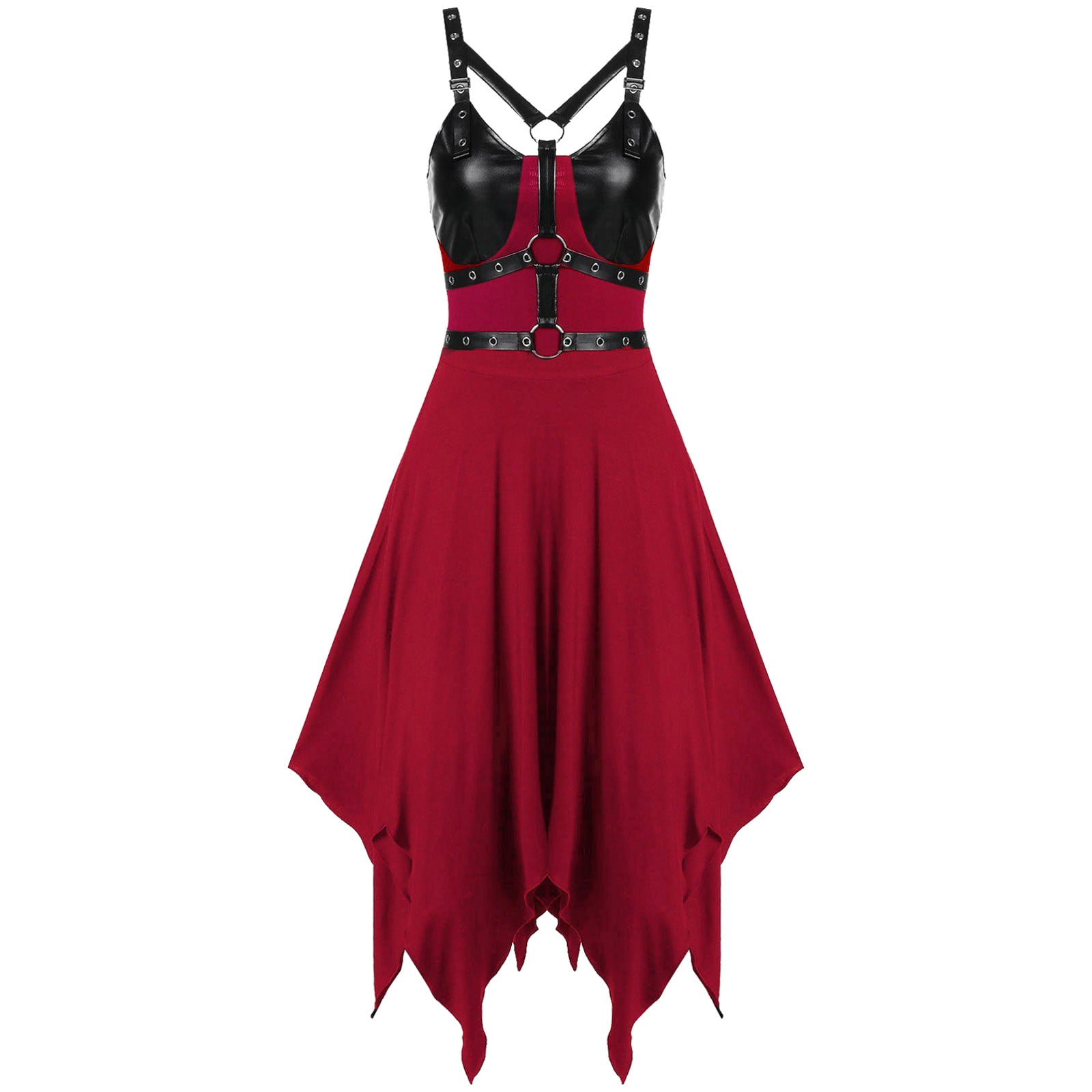 qolati Women's Gothic Dresses Irregular Hem Sleeveless Punk Midi Dress  Summer Faux Leather Straps High Waist A-Line Prom Party Dress - Walmart.com