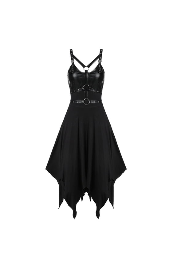 Women's Gothic Dresses Irregular Hem Sleeveless Punk Midi Dress Summer Faux Leather Straps High Waist A-Line Prom Party Dress