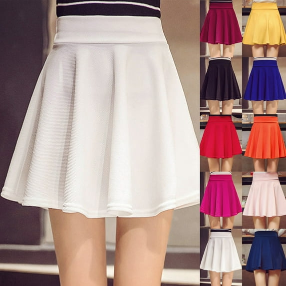 qolati Women's High Waisted Short Skirts Solid Color Knitting Flared Skater Mini Skirt Trendy Stretch A-Line Pleated Skirt