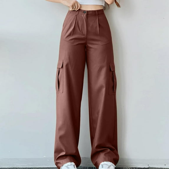 qolati Women's Hiking Cargo Pants Casual High Waisted Wide Leg Lounge Trousers Solid Color Classic Fit Straight Leg Work Pant