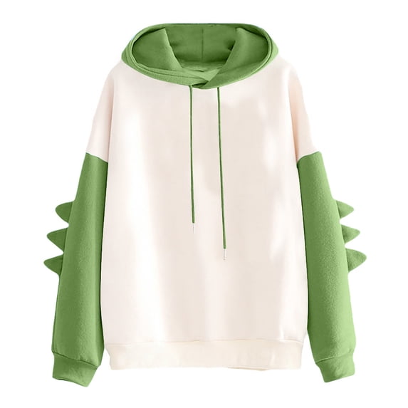 qolati Women's Hoodies Sweatshirt Oversized Dinosaur Long Sleeve Splice Tops Casual Hooded Pullover Sweater Outwear Fall Clothes 2023