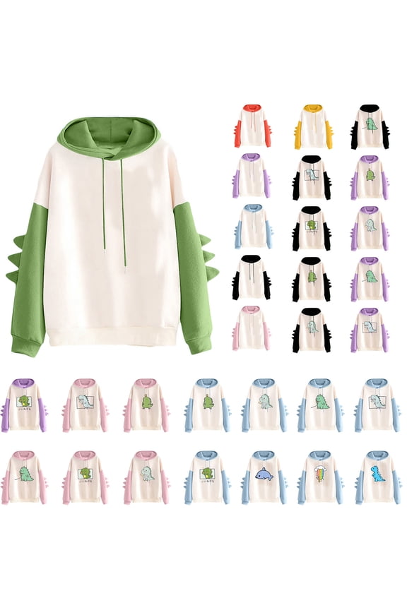 Women's Hoodies Sweatshirt Oversized Dinosaur Long Sleeve Splice Tops Casual Hooded Pullover Sweater Outwear Fall Clothes 2023