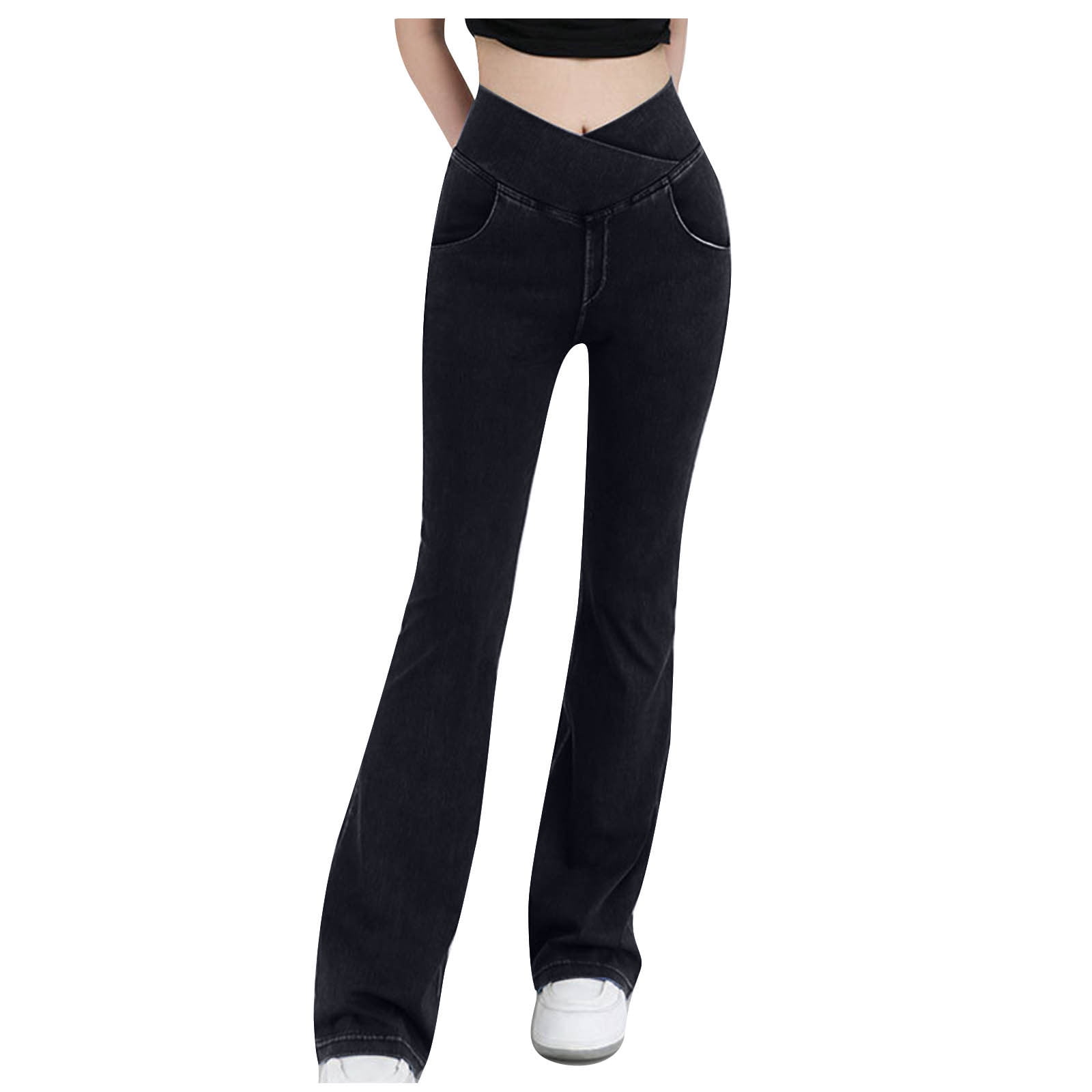 Flamingals Women's Slant Pocket Low Rise Wide Leg Jeans - Stretchy Casual Pants Without Belt, Multiple Sizes