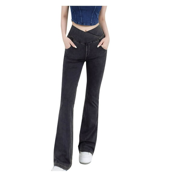 qolati Women's Jeans Trendy V Crossover Low Waisted Flare Bell Bottom Jeans Stretch Casual Wide Leg Denim Pants with Pockets