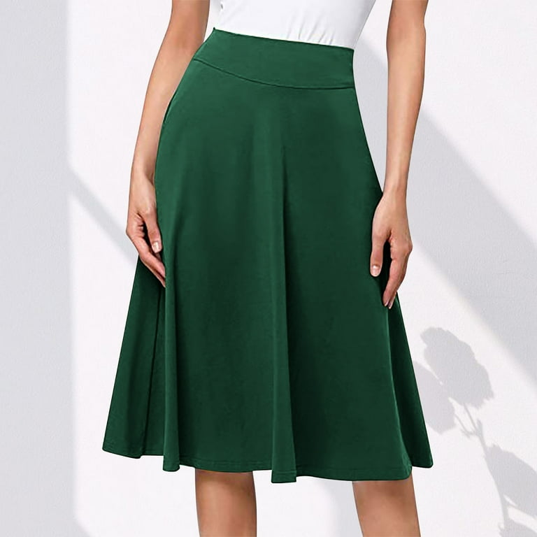 qolati Women s Knitting Midi Skirts Solid Color High Waist Basic Knee Length Skirt Elastic Casual Pleated Work A Line Flared Skirt Walmart