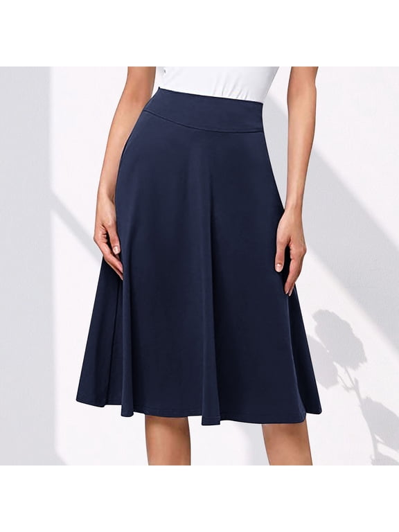 Women's Knitting Midi Skirts Solid Color High Waist Basic Knee Length Skirt Elastic Casual Pleated Work A-Line Flared Skirt