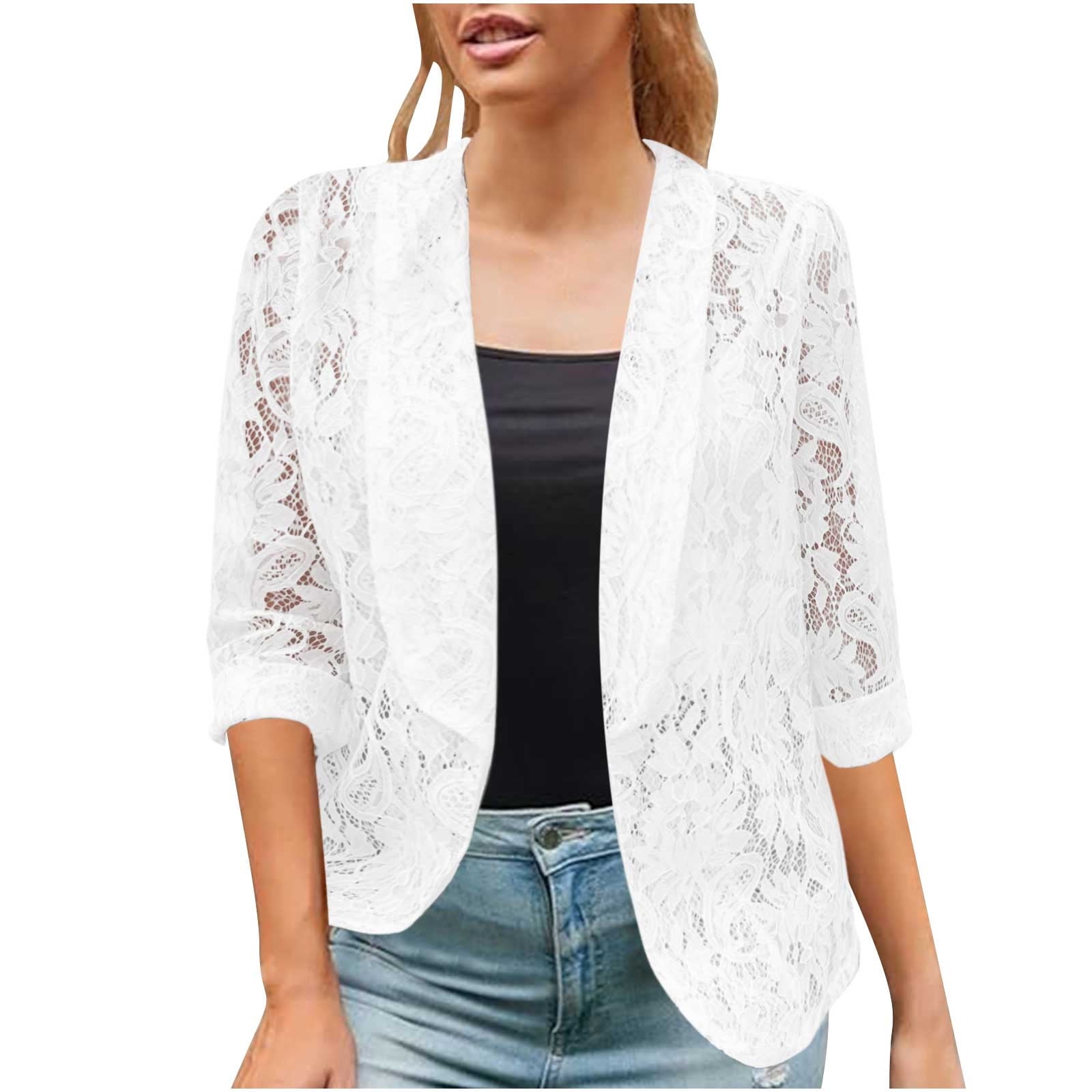 Women's Crop Blazer Jacket Open Front 3/4 Sleeve - Casual Waterfall Coat Top Cream Black White - View #8