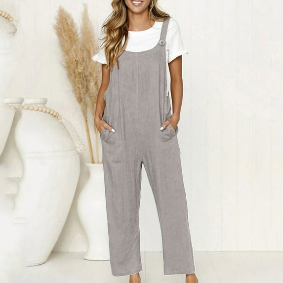 qolati Women's Linen Overalls Adjustable Straps Bib Wide Leg Jumpsuit with Pockets Cotton Linen Rompers Casual Baggy Playsuit