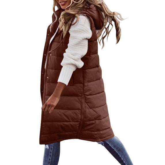 qolati Women's Long Puffer Vest Jacket 2024 Fashion Sleveless Hoodies Button Down Open Front Trench Coat Fall Winter Thickened Warm Windbreakers Outwear Coats