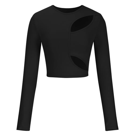 qolati Women's Long Sleeve Crop Tops Slim Fitted Crew Neck Cutout Workout Top Basic Layering Causal Tee T Shirt for Women