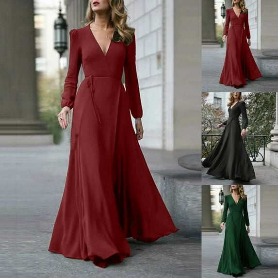 qolati Women's Long Sleeve Dress Elegant V Neck Belt Prom Formal Dress 2023 Slim Fit Solid Color Split Hem Swing Cocktail Party Dresses