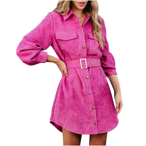 qolati Women's Long Sleeve Dresses 2023 Fall Corduroy Collar V Neck Button Down Mini Dress with Belted Casual Loose Business Work Shirts Dress
