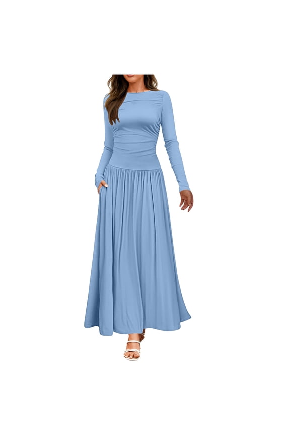 Women's Long Sleeve Maxi Dress Spring Fall Crewneck Solid Flowy A Line Dress Casual Slim Swing Pleated Dresses with Pockets