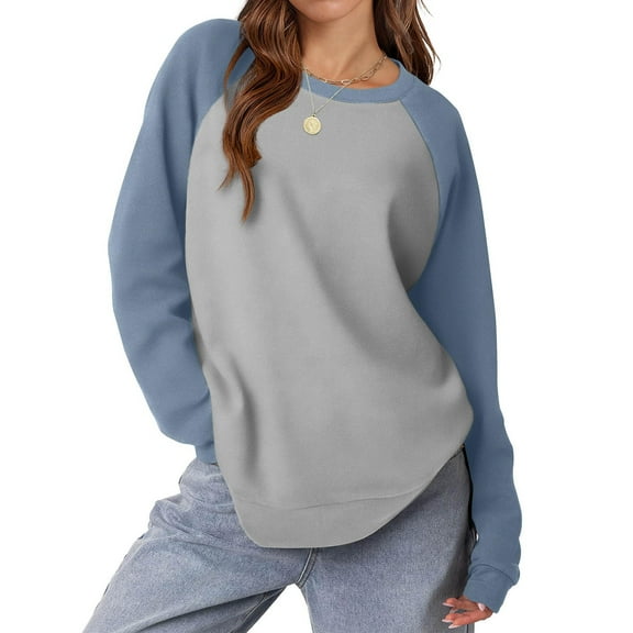 qolati Women's Long Sleeve Shirts Trendy Crew Neck Basic Tee Sweatshirts 2024 Fall Oversized Color Block Pullover Tops