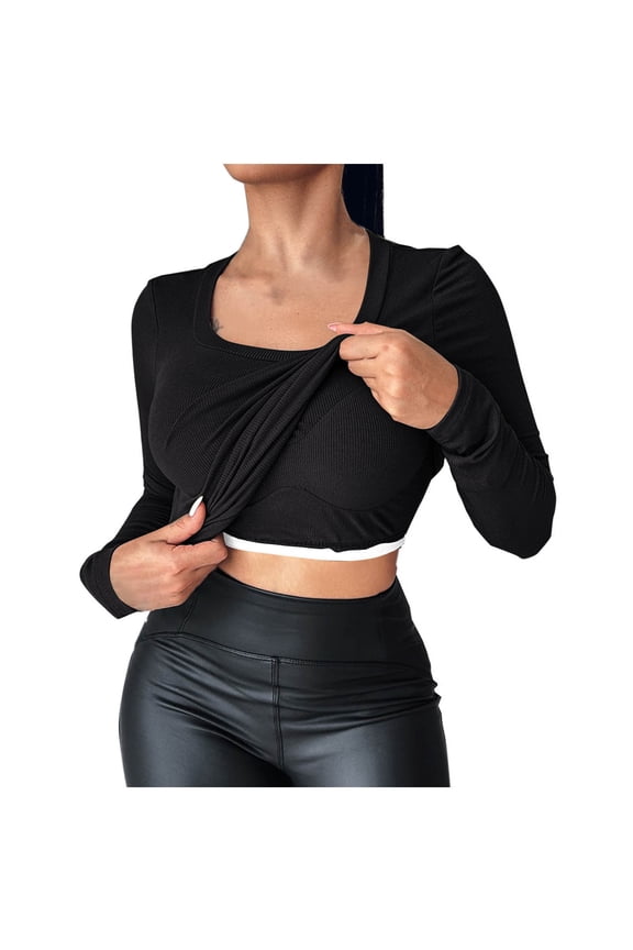 Women's Long Sleeve T Shirts with Built-in Shelf Bra Ribbed Knit Slim Fit Square Neck Pullover Shirts Fashion Casual Basic Tops Blouse