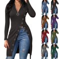thumbnail image 1 of qolati Women's Long Sleeved Shirts 2023 Fall Winter Ribbed Knitted Zipper V Neck Blouse Trendy High Split Hem Going Out Tops, 1 of 5
