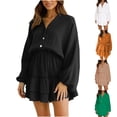thumbnail image 1 of qolati Women's Mini Dresses 2023 Fall Lantern Sleeve V Neck Button Up A-Line Dress Fashion Layered Ruffle Hem High Waist Party Holiday Dress, 1 of 5