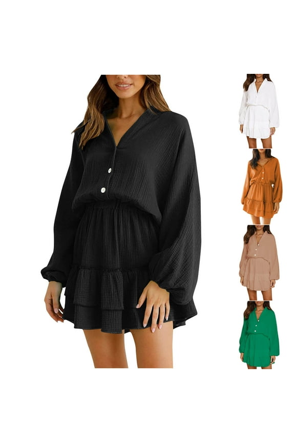 Women's Mini Dresses 2023 Fall Lantern Sleeve V Neck Button Up A-Line Dress Fashion Layered Ruffle Hem High Waist Party Holiday Dress