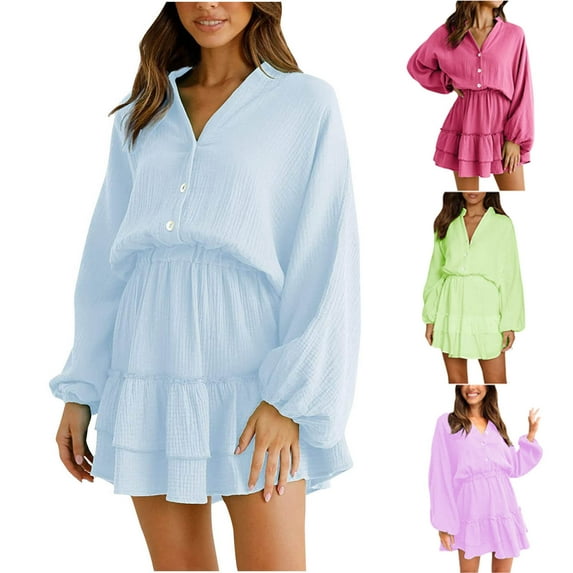 qolati Women's Mini Dresses 2023 Fall Lantern Sleeve V Neck Button Up A-Line Dress Fashion Layered Ruffle Hem High Waist Party Holiday Dress