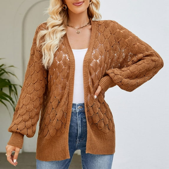 qolati Women’s Open Front Cardigan Trendy Lantern Sleeve Cable Knit Cardigans Outwear 2023 Fall Clothes Lightweight Going Out Sweater Jackets