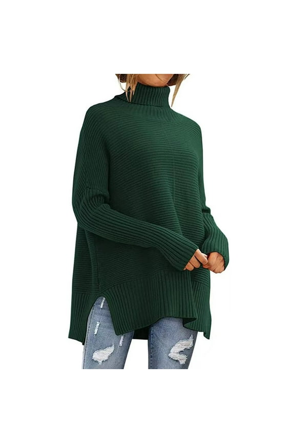 Women's Oversized Turtleneck Sweaters 2024 Fall Batwings Long Sleeve Ribbed Tunic Sweater Solid Color Side Slit Loose Pullover Sweater Tops