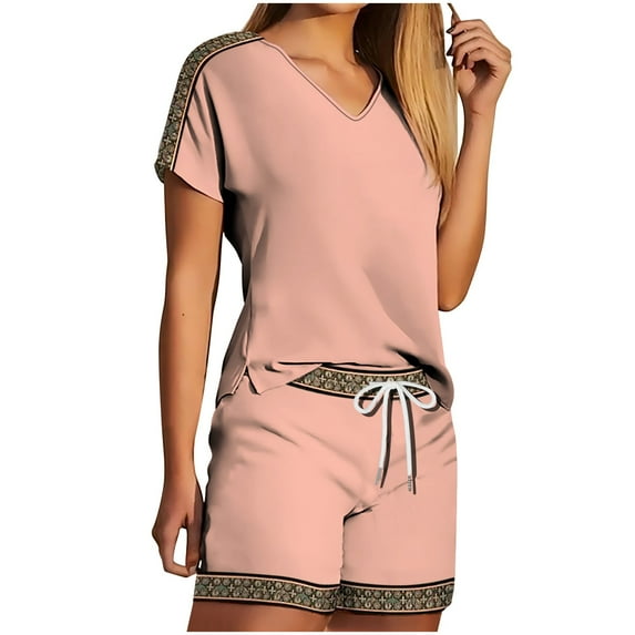 qolati Women's Pajamas Sets V Neck Short Sleeves Sleepwear Shorts Sets Comfy 2 Piece Pjs Loungewear Set with Pockets