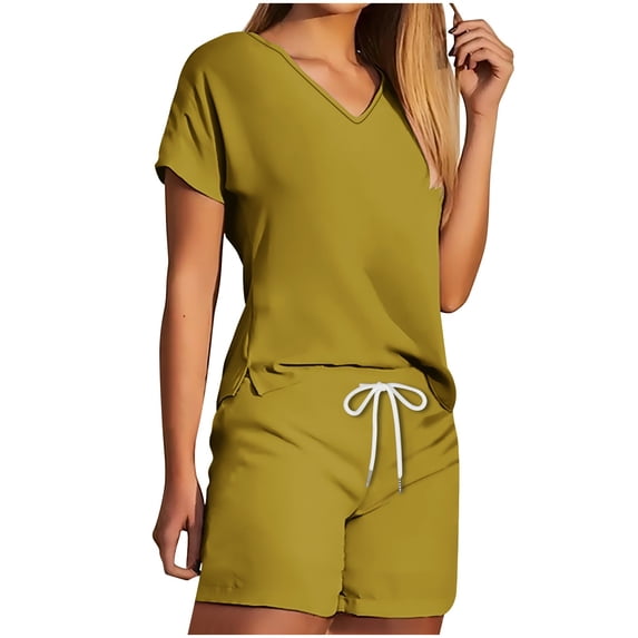 qolati Women's Pajamas Sets V Neck Short Sleeves Sleepwear Shorts Sets Comfy 2 Piece Pjs Loungewear Set with Pockets