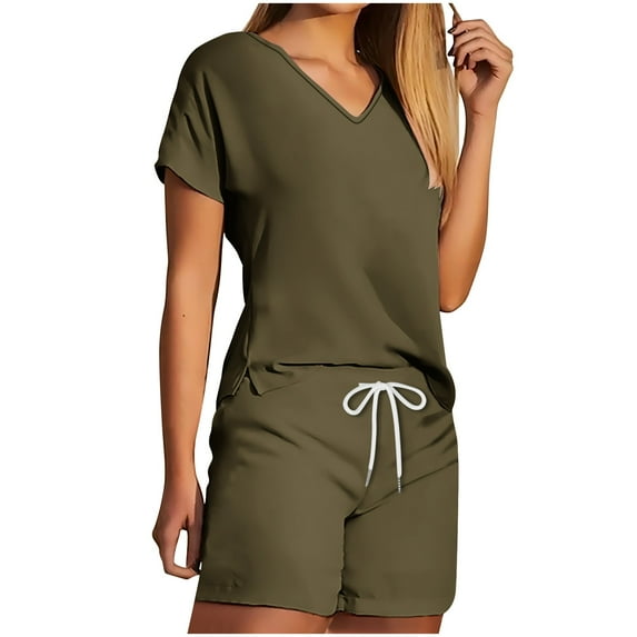 qolati Women's Pajamas Sets V Neck Short Sleeves Sleepwear Shorts Sets Comfy 2 Piece Pjs Loungewear Set with Pockets