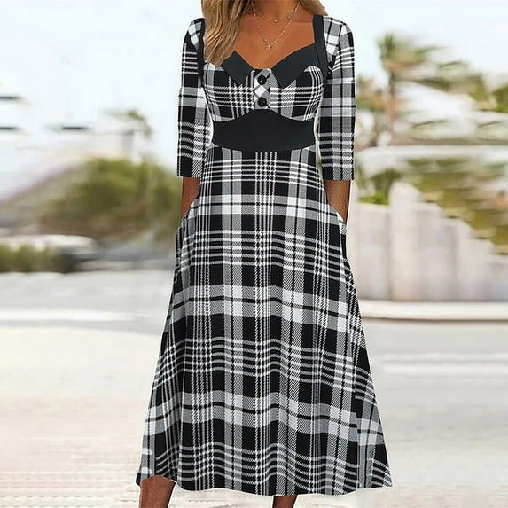 qolati Women's Plaid 3/4 Sleeve Dresses 2023 Elegant Low Cut High Waist A-Line Dress Trendy Slim Fit Pleated Work Dress with Pockets