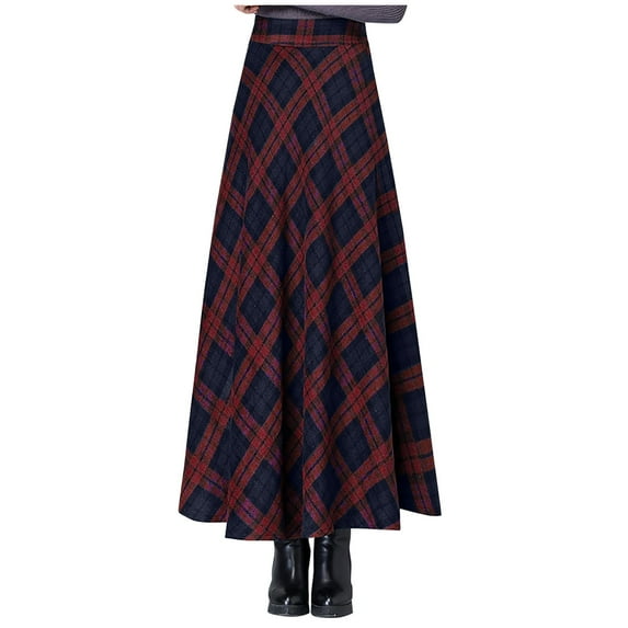qolati Women's Plaid Maxi Skirt Casual Wool Blends A-Line Pleated Long Skirt Elegant High Elastic Waist Flared Skirt