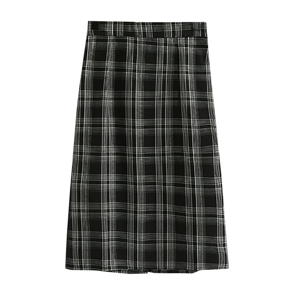 qolati Women's Plaid Midi Skirt Casual Wool Blends A-Line Wrap Work Skirt Elegant Bodycon High Elastic Waist Cocktail Party Club Skirt