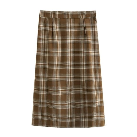 qolati Women's Plaid Midi Skirt Casual Wool Blends A-Line Wrap Work Skirt Elegant Bodycon High Elastic Waist Cocktail Party Club Skirt
