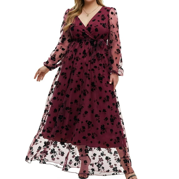 qolati Women's Plus Size Lace Embroidered Formal Dress 2023 Elegant Floral Mesh Wrap V Neck Belt A-Line Dress Trendy Slim Fit Cocktail Party Dresses