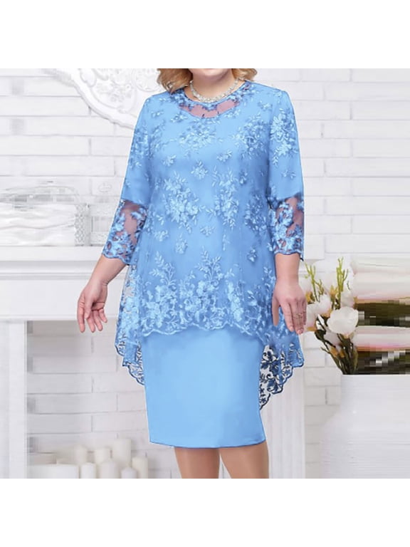 Women's Plus Size Prom Dresses 2023 Mesh Floral Embroidery Slim Fit Formal Dress Elegant Crew Neck Cocktail Party Dress